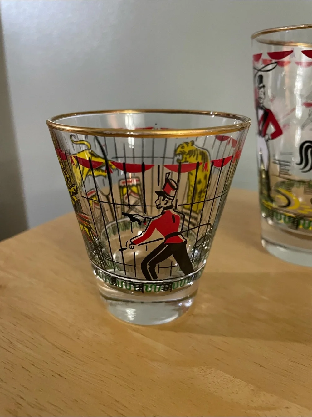 Vintage Libbey Glass Circus Beverage Barware glasses manufactured in the 1950s.